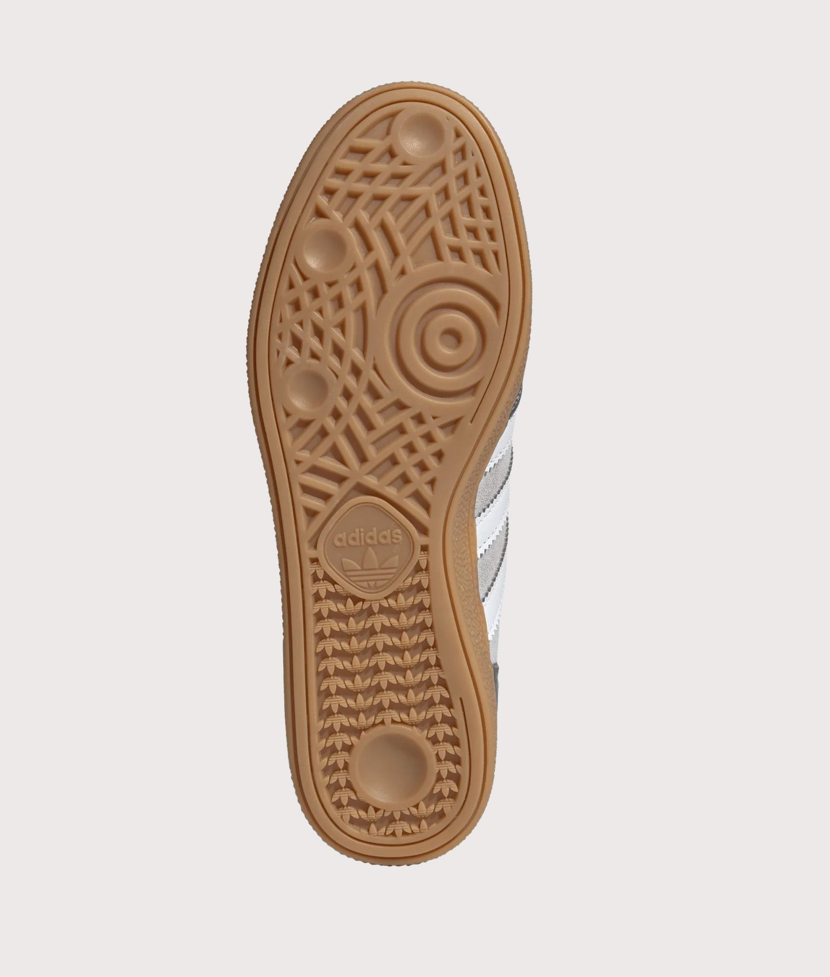 adidas Originals Handball Spezial Trainers in Grey Two, Footwear White and Gum 4 at EQVVS Menswear. Tread shot.