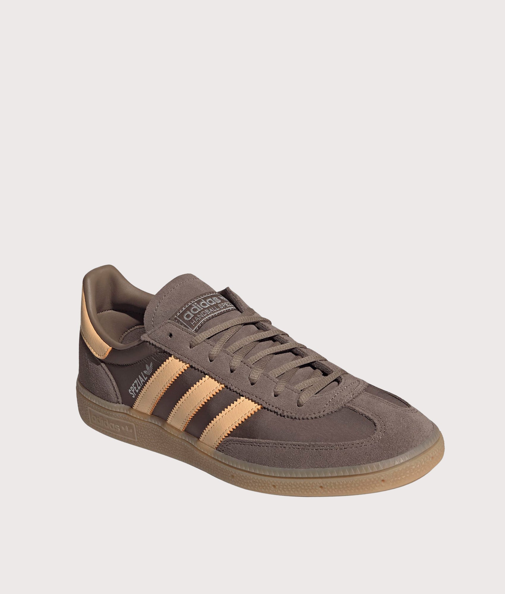 adidas Originals Handball Spezial Trainers in Earth Strata and Pulse Amber at EQVVS Menswear. Top shot.