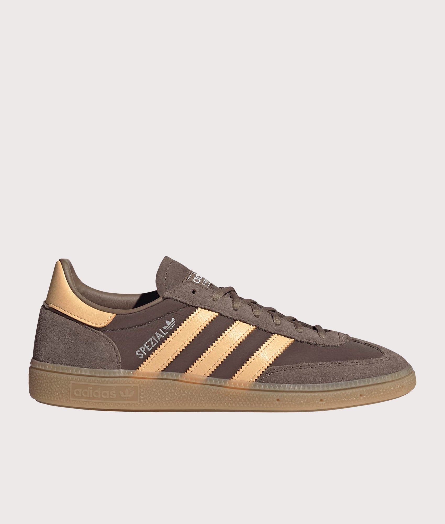 adidas Originals Handball Spezial Trainers in Earth Strata and Pulse Amber at EQVVS Menswear. Side shot.