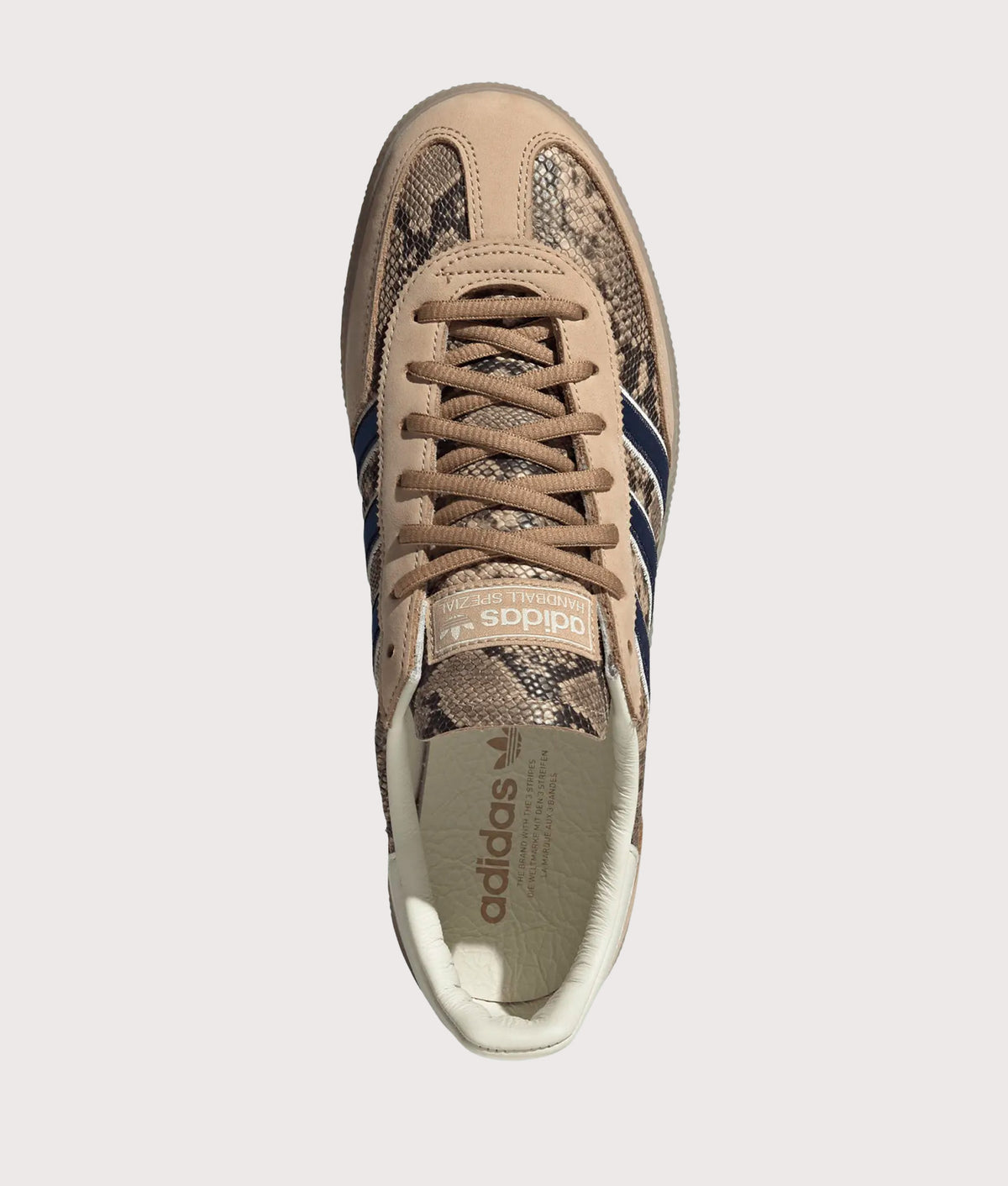 adidas Originals Snake Print Handball Spezial Trainers in Warm Sandstone, Dark Blue and Cardboard at EQVVS Menswear. Top Shot.