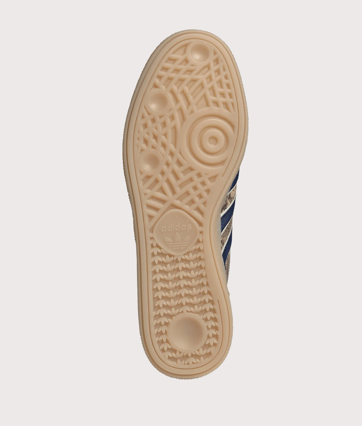 adidas Originals Snake Print Handball Spezial Trainers in Warm Sandstone, Dark Blue and Cardboard at EQVVS Menswear.  Tread Shot.