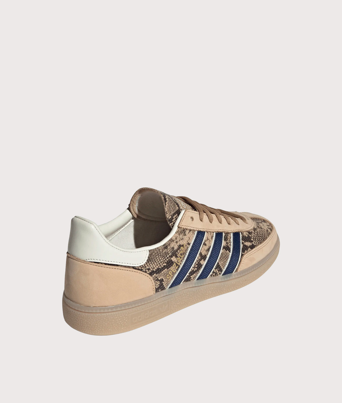 adidas Originals Snake Print Handball Spezial Trainers in Warm Sandstone, Dark Blue and Cardboard at EQVVS Menswear. Angled back shot.
