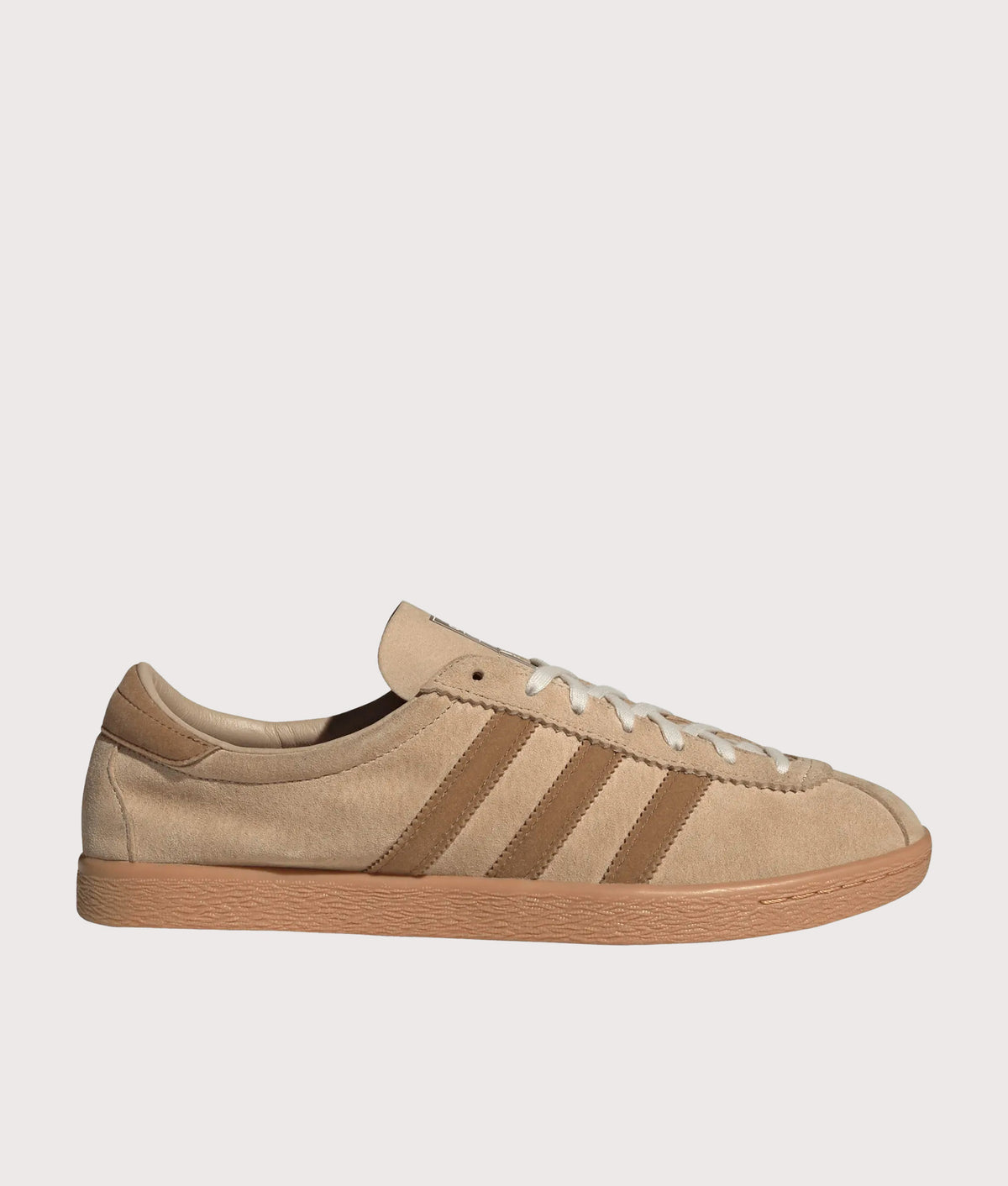 adidas Originals Riviera Trainers in Magic Beige, Bronze Strata and Gum 2 at EQVVS Menswear. Side shot.