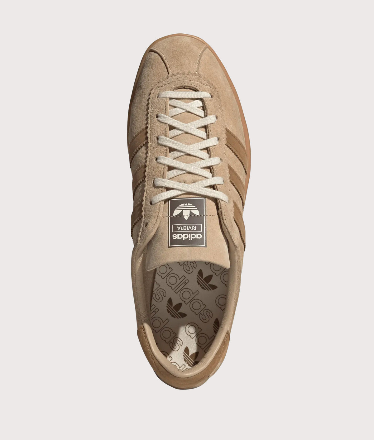 adidas Originals Riviera Trainers in Magic Beige, Bronze Strata and Gum 2 at EQVVS Menswear. Top shot.