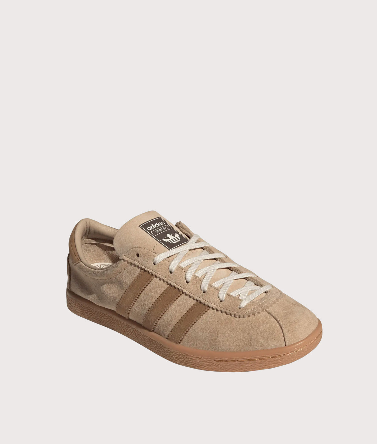 adidas Originals Riviera Trainers in Magic Beige, Bronze Strata and Gum 2 at EQVVS Menswear. Angled front shot.