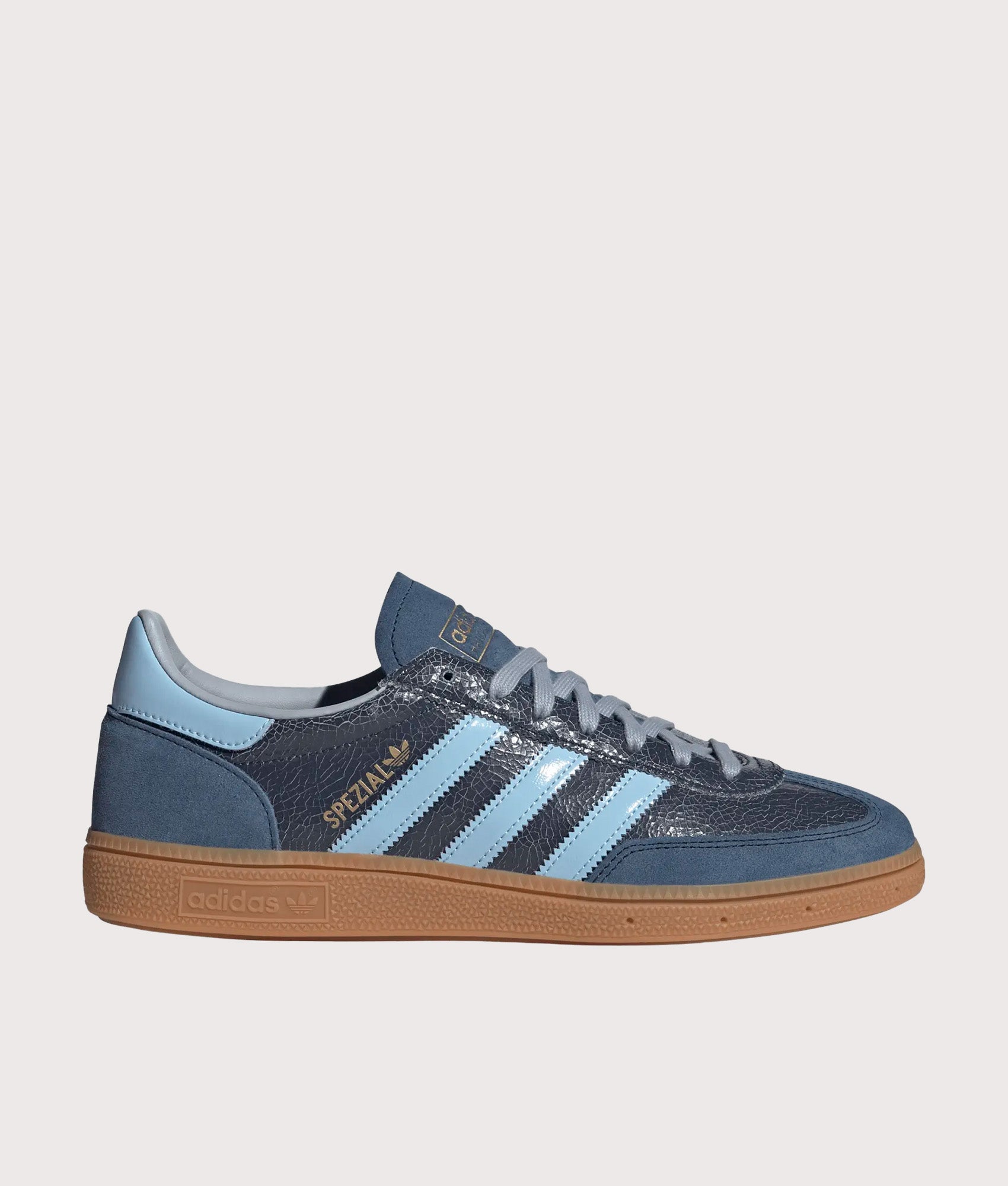 adidas Originals Handball Spezial Trainers in Night Indigo, Clear Sky and Gum 2 at EQVVS Menswear. Side shot.