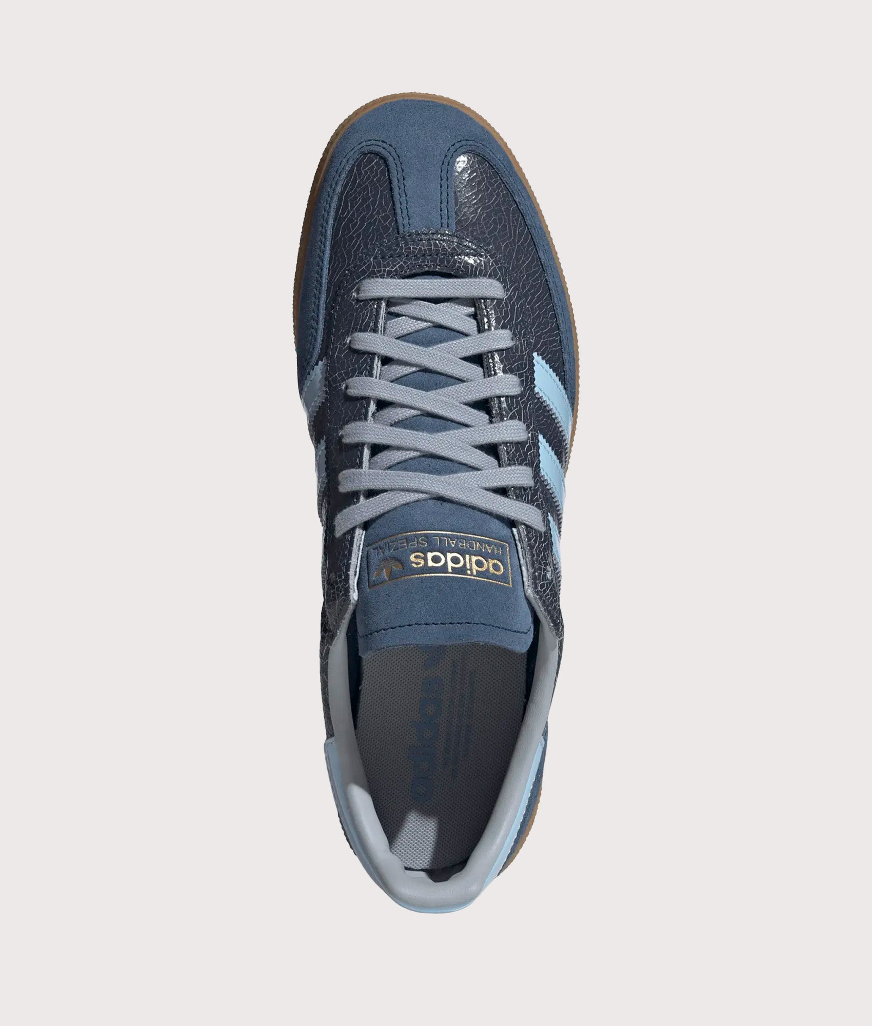 adidas Originals Handball Spezial Trainers in Night Indigo, Clear Sky and Gum 2 at EQVVS Menswear. Top shot.