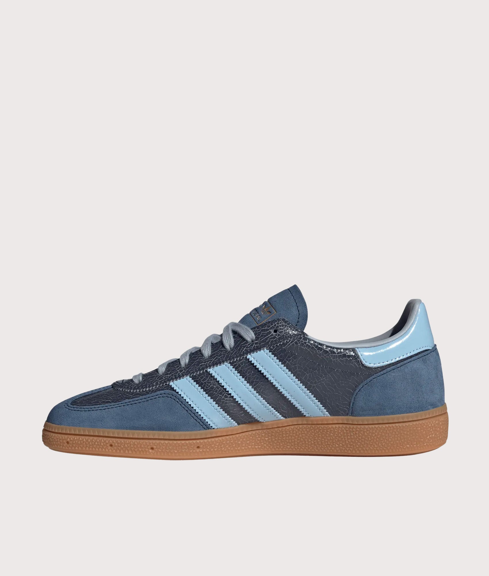 adidas Originals Handball Spezial Trainers in Night Indigo, Clear Sky and Gum 2 at EQVVS Menswear. Side shot.