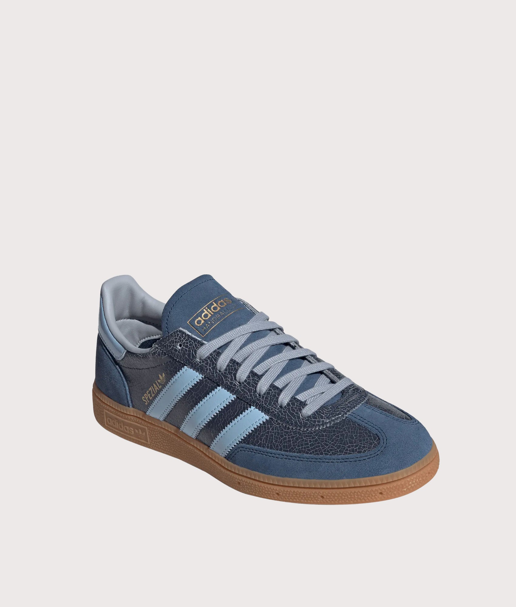 adidas Originals Handball Spezial Trainers in Night Indigo, Clear Sky and Gum 2 at EQVVS Menswear. Back shot.