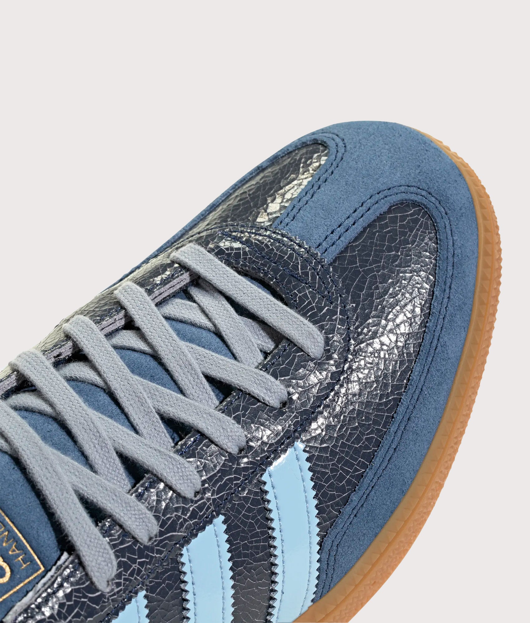 adidas Originals Handball Spezial Trainers in Night Indigo, Clear Sky and Gum 2 at EQVVS Menswear. Detail shot.
