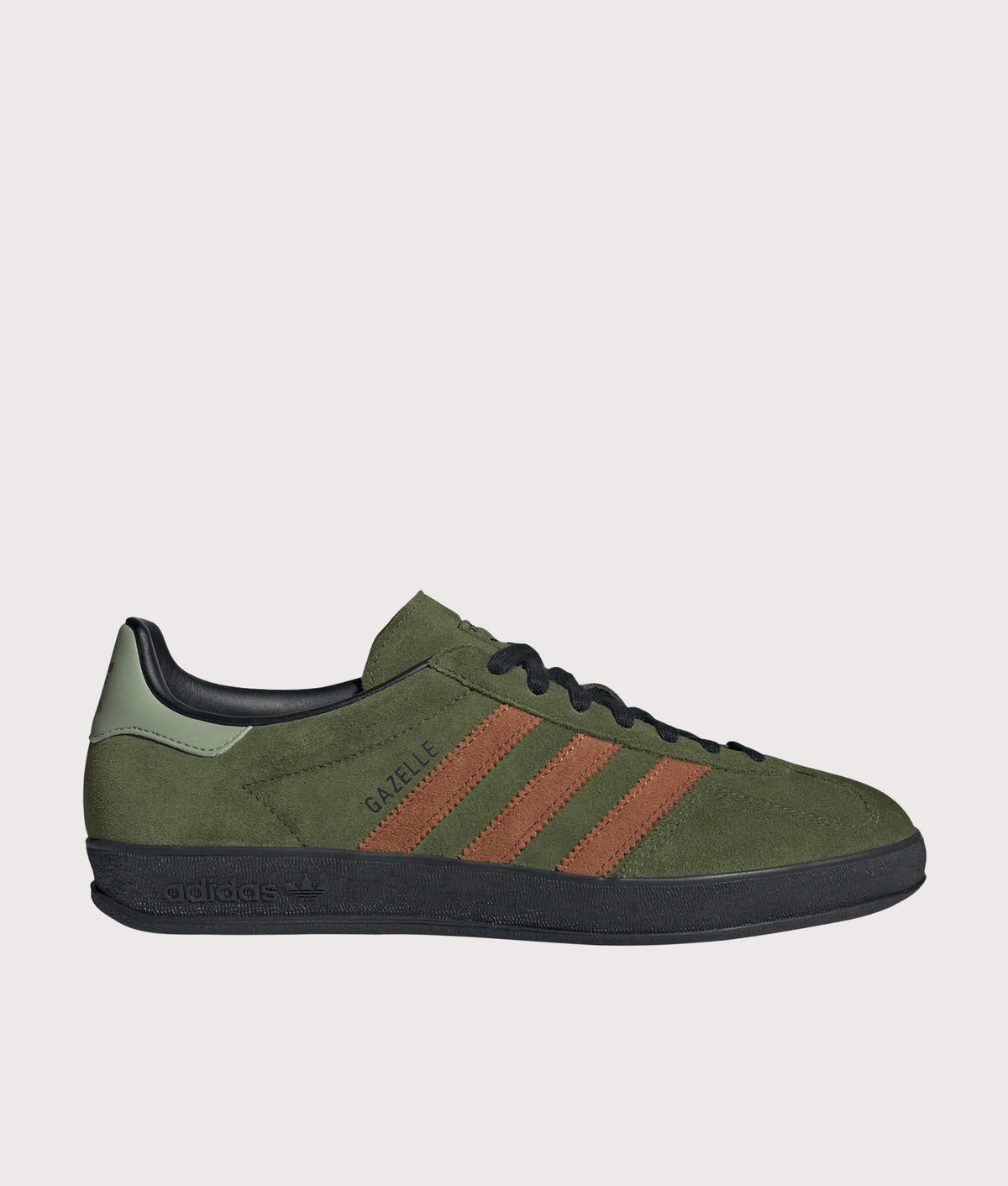 adidas Originals Gazelle Indoor Trainers in Wild Pine, Dusky Bronze and Core Black at EQVVS Menswear. Side detail shot.