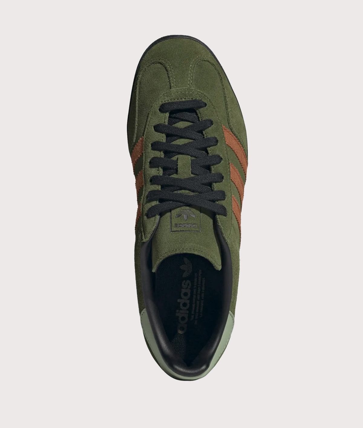 adidas Originals Gazelle Indoor Trainers in Wild Pine, Dusky Bronze and Core Black at EQVVS Menswear. Top shot.