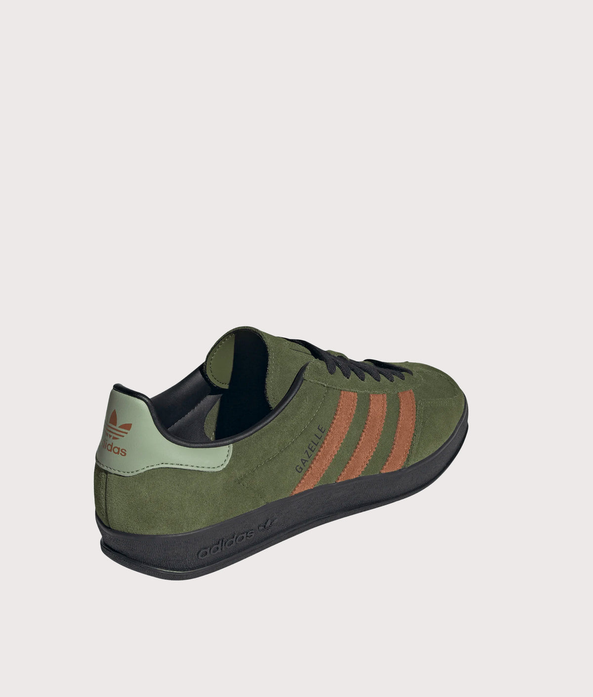 adidas Originals Gazelle Indoor Trainers in Wild Pine, Dusky Bronze and Core Black at EQVVS Menswear. Angled back shot.