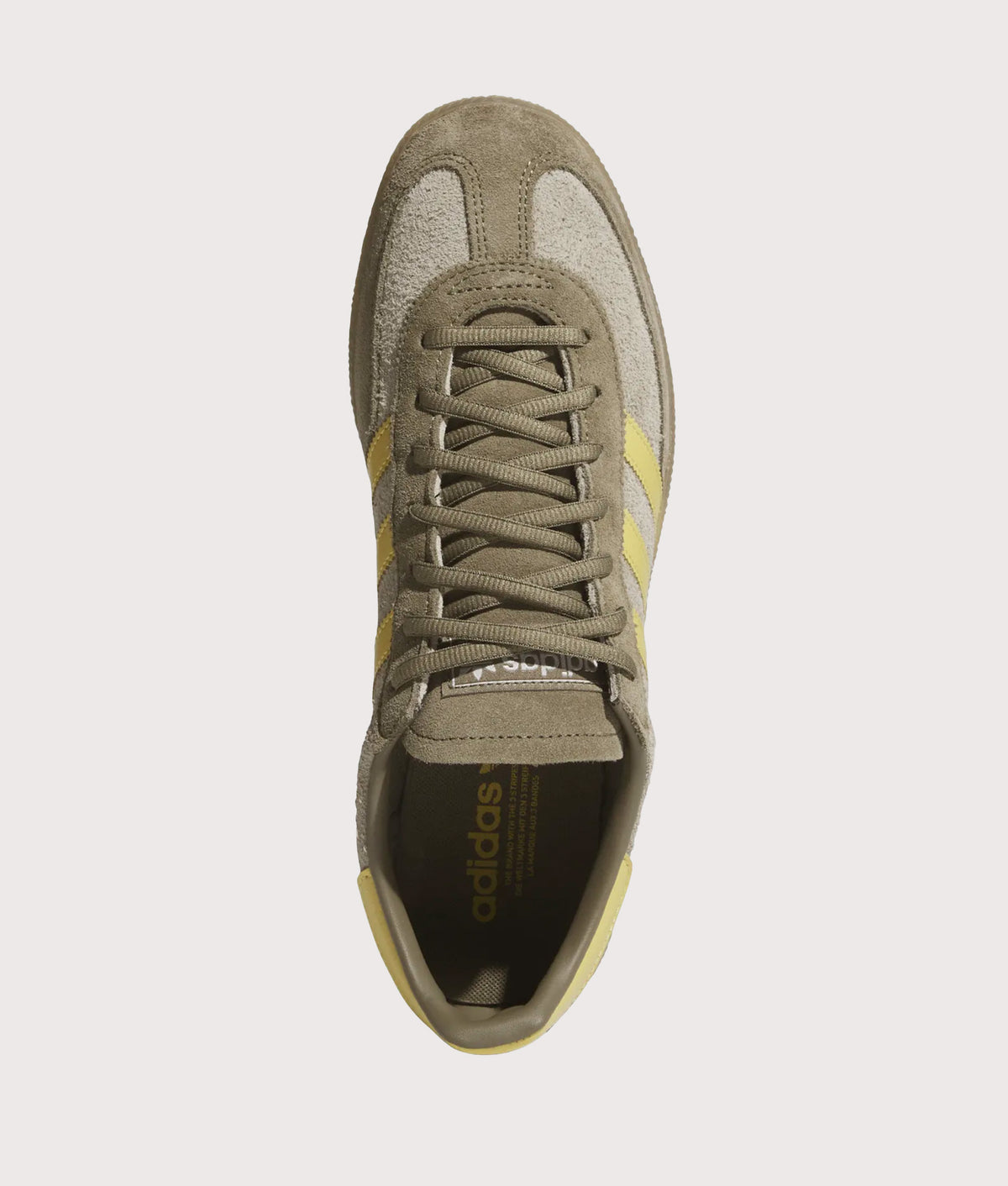 adidas Originals Handball Spezial Trainers  in Olive Strata, Pyrite and Gum 4 at EQVVS Menswear. Top shot.