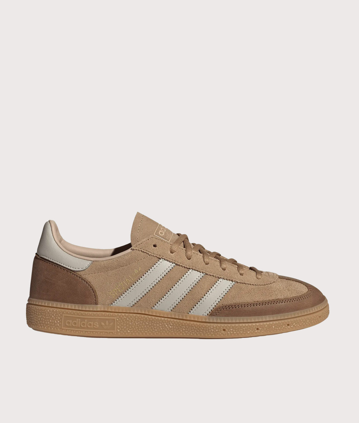 adidas Originals Handball Spezial Trainers in Cardboard, Wonder Alumina and Gum 4 at EQVVS Menswear. Side shot.