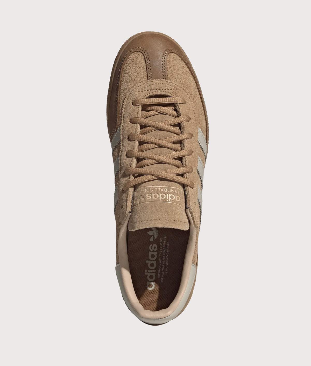 adidas Originals Handball Spezial Trainers in Cardboard, Wonder Alumina and Gum 4 at EQVVS Menswear. Top shot.