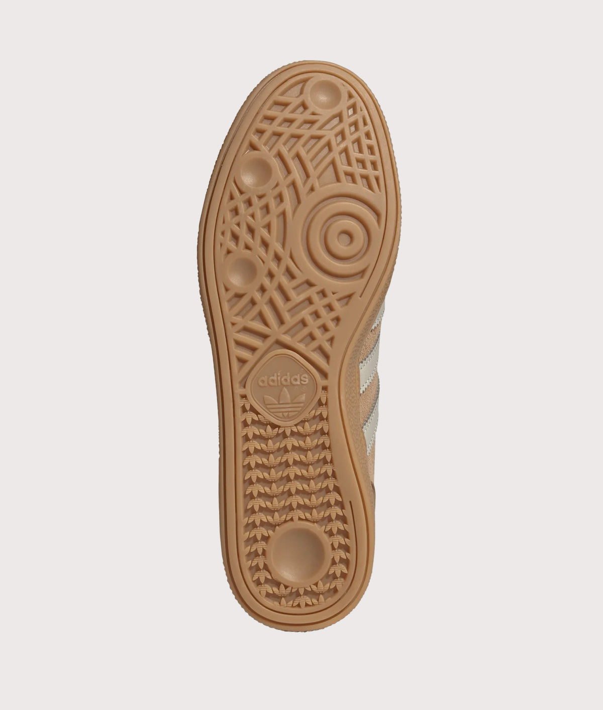 adidas Originals Handball Spezial Trainers in Cardboard, Wonder Alumina and Gum 4 at EQVVS Menswear. Tread shot.