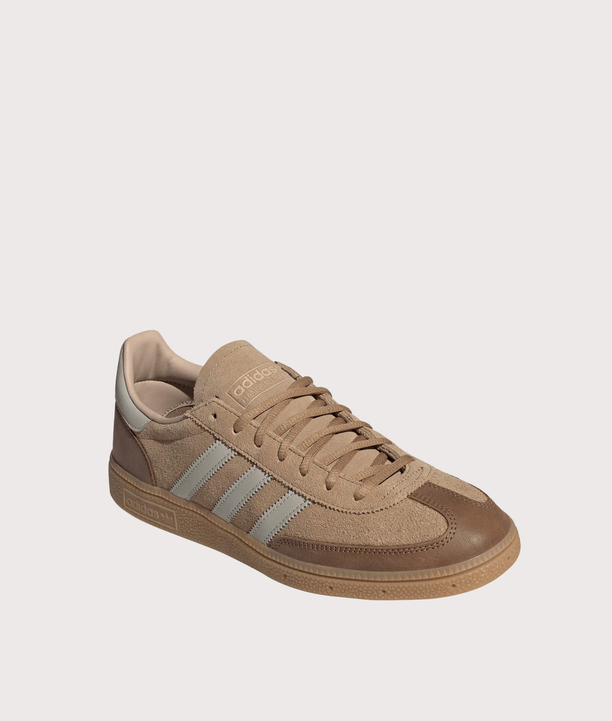 adidas Originals Handball Spezial Trainers in Cardboard, Wonder Alumina and Gum 4 at EQVVS Menswear. Angled front shot.