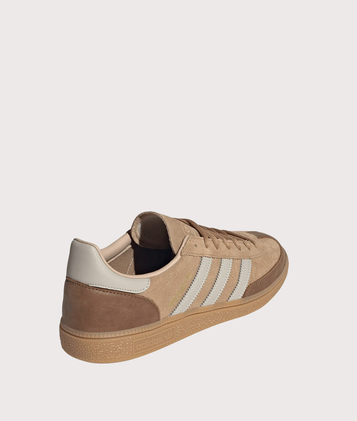 adidas Originals Handball Spezial Trainers in Cardboard, Wonder Alumina and Gum 4 at EQVVS Menswear. Angled back shot.