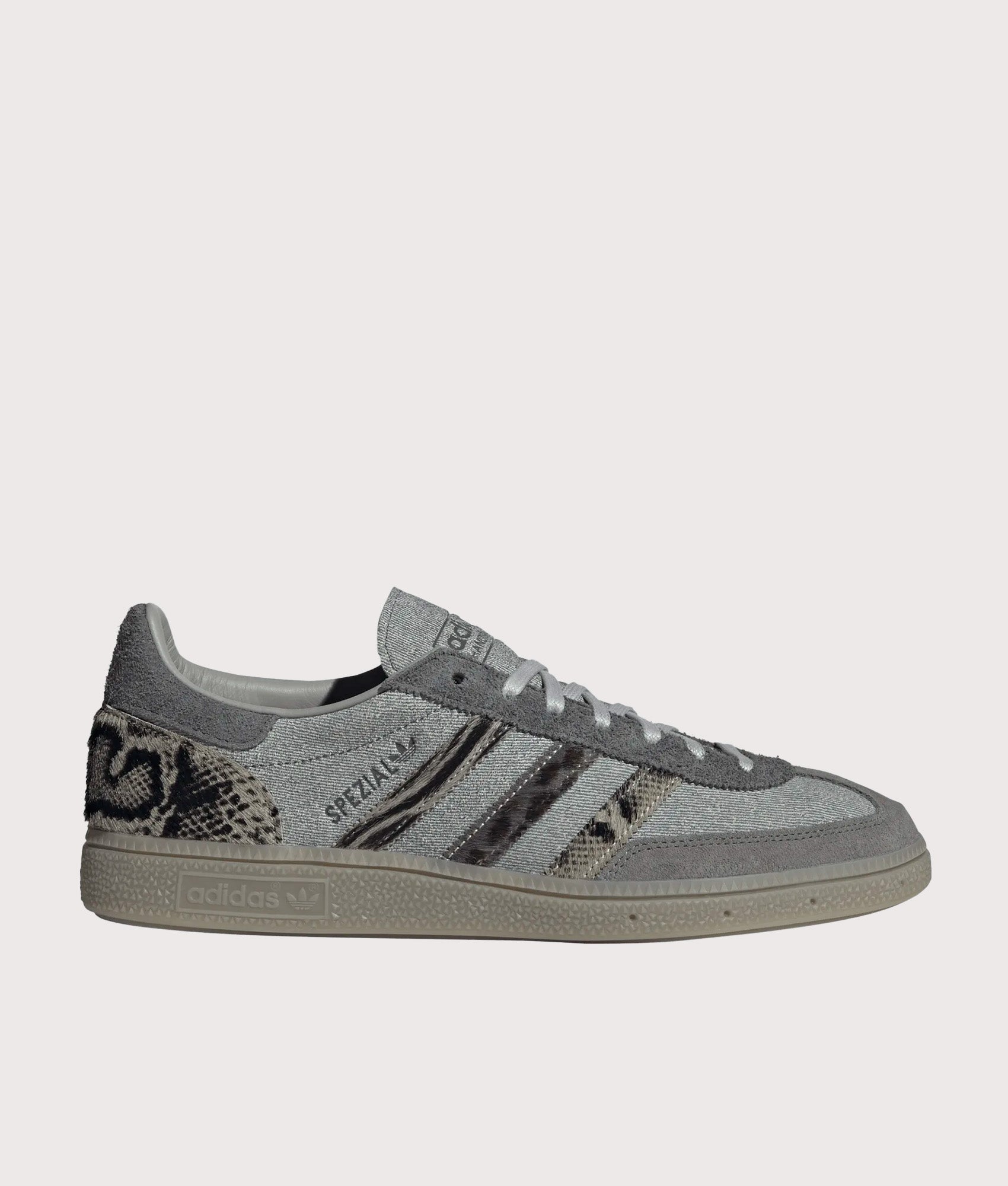 adidas Originals Handball Spezial Trainers in Legacy Blue, Grey Two and Core Black at EQVVS Menswear. Side shot.
