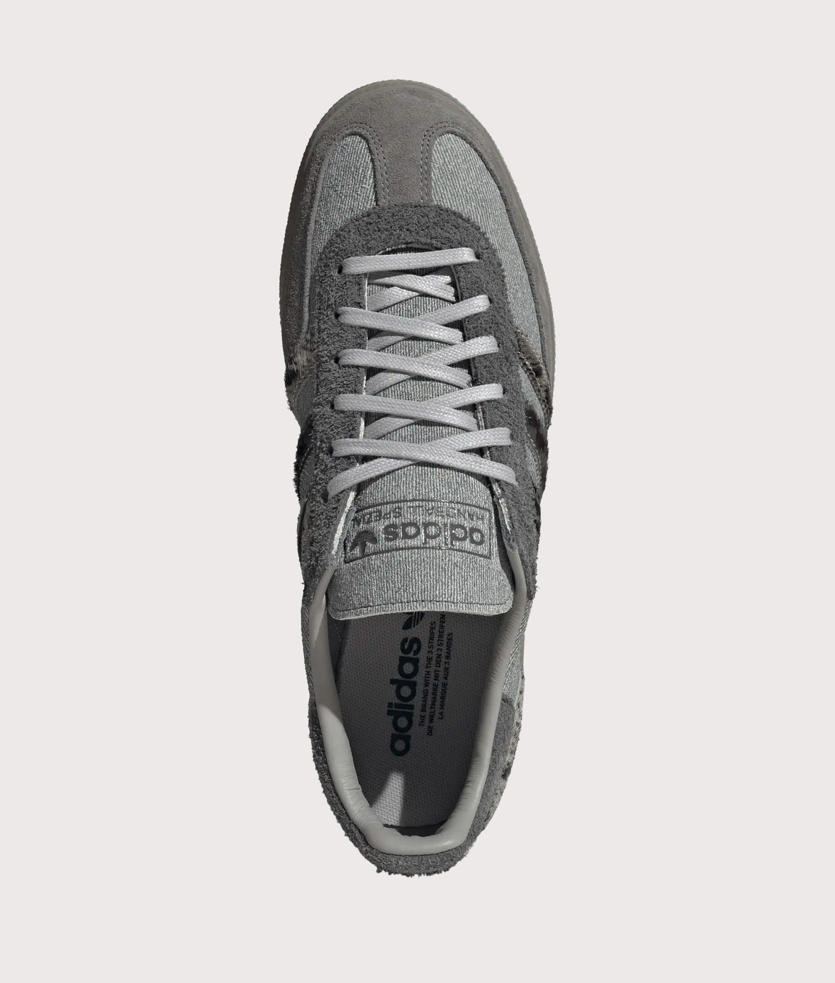 adidas Originals Handball Spezial Trainers in Legacy Blue, Grey Two and Core Black at EQVVS Menswear. Top shot.