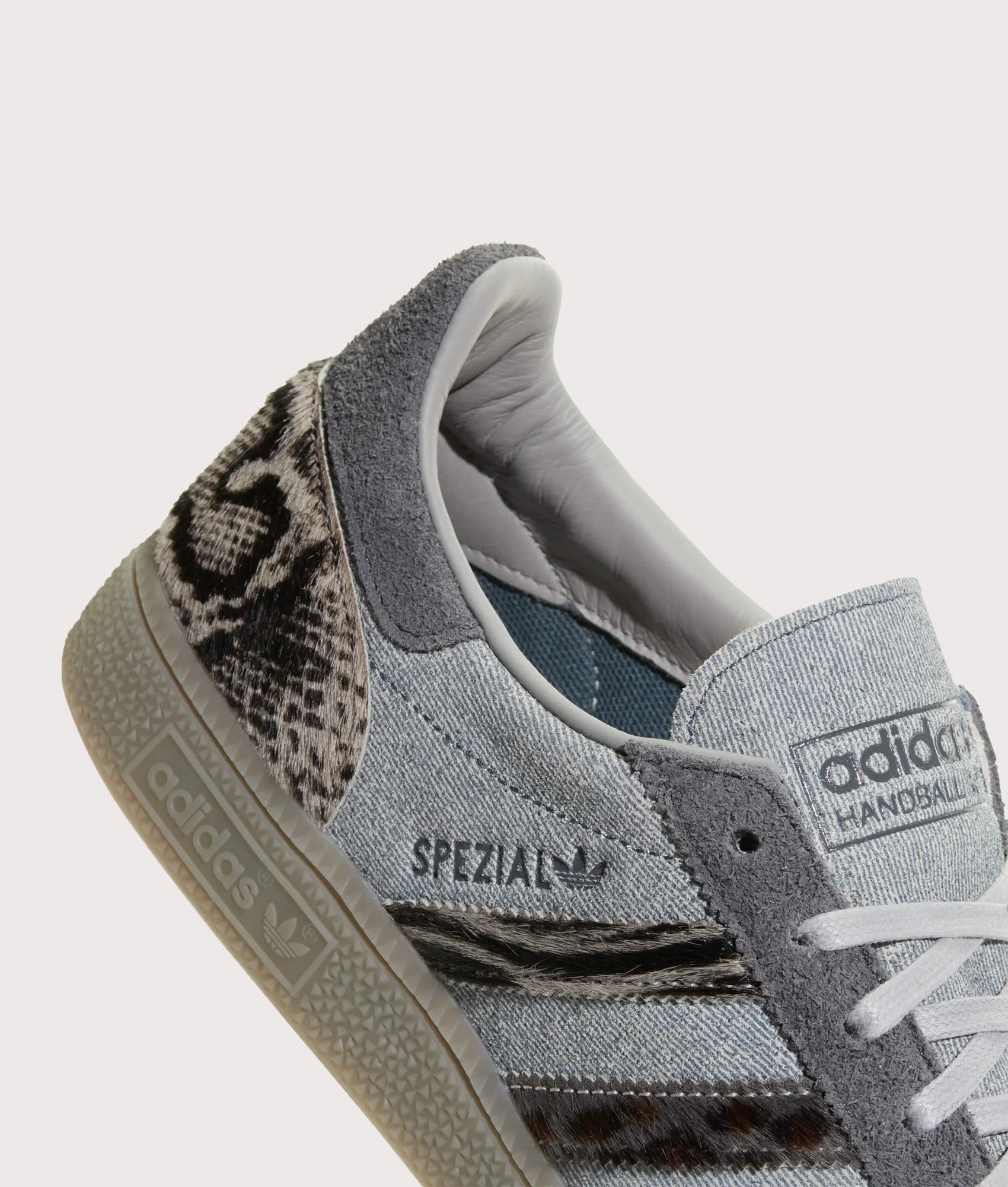 adidas Originals Handball Spezial Trainers in Legacy Blue, Grey Two and Core Black at EQVVS Menswear. Detail shot.
