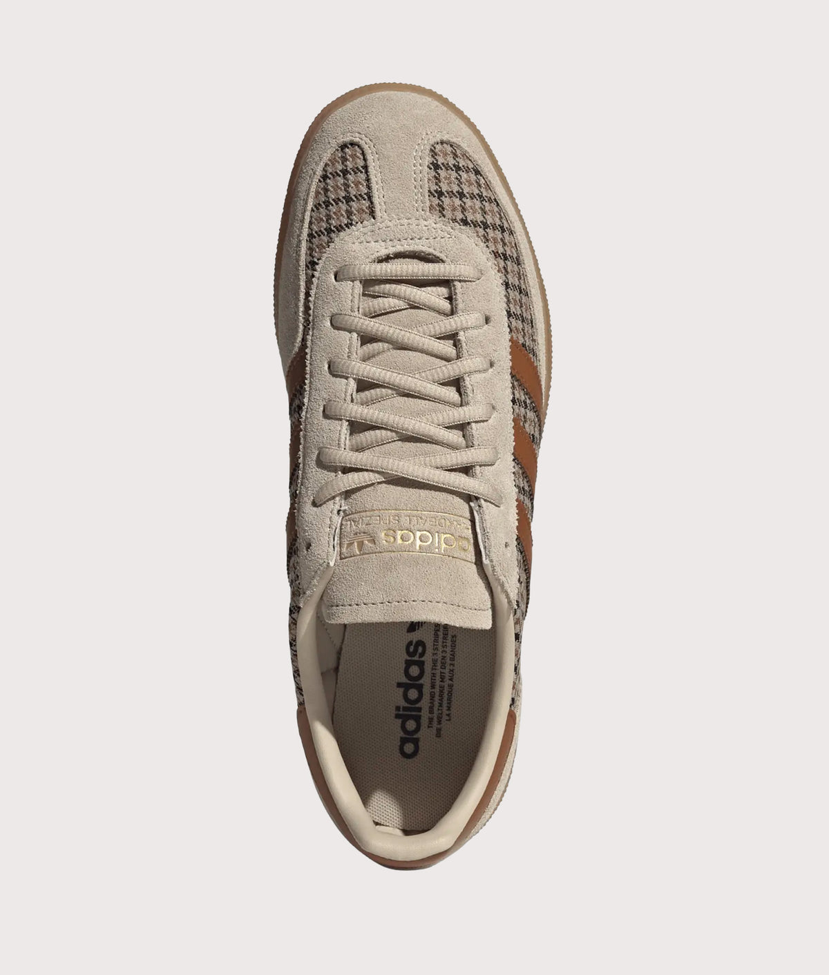 adidas Originals Handball Spezial Trainers in Khaki Three, Dusky Bronze and Gum 4 at EQVVS Menswear. Top shot.