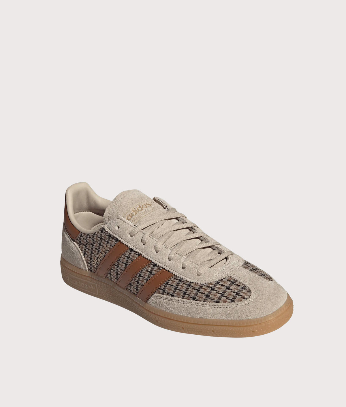 adidas Originals Handball Spezial Trainers in Khaki Three, Dusky Bronze and Gum 4 at EQVVS Menswear. Angled front shot.