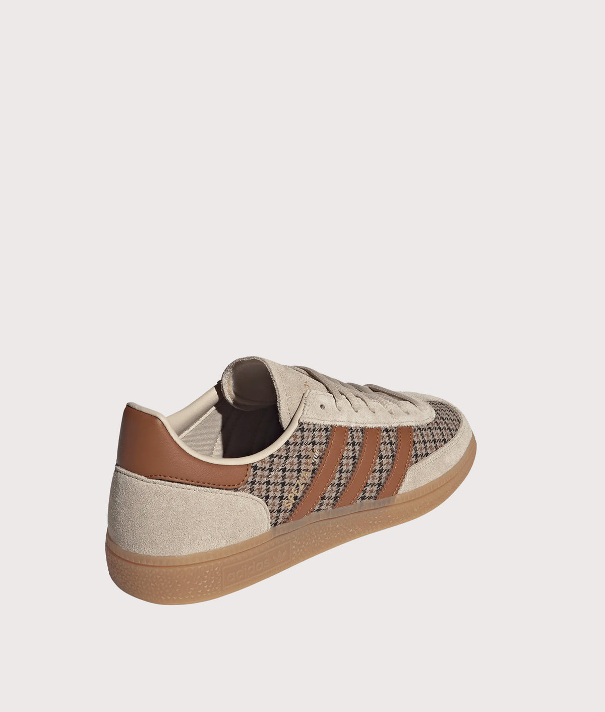 adidas Originals Handball Spezial Trainers in Khaki Three, Dusky Bronze and Gum 4 at EQVVS Menswear. Angled back shot.