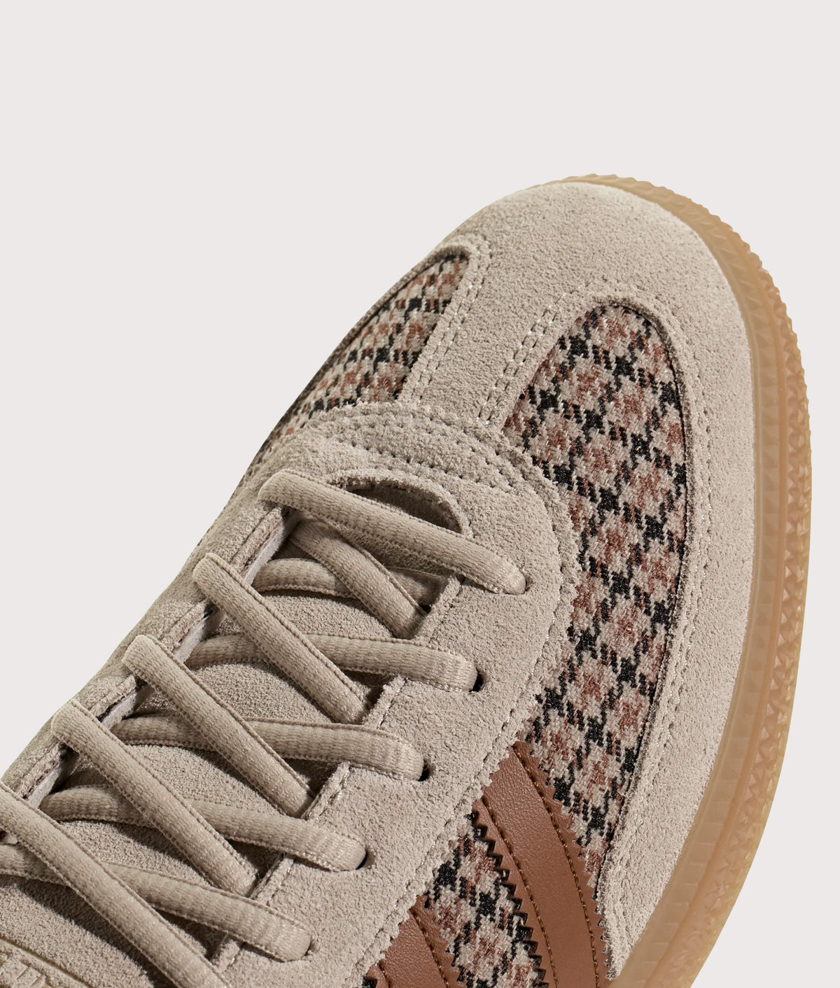 adidas Originals Handball Spezial Trainers in Khaki Three, Dusky Bronze and Gum 4 at EQVVS Menswear. Detail shot.