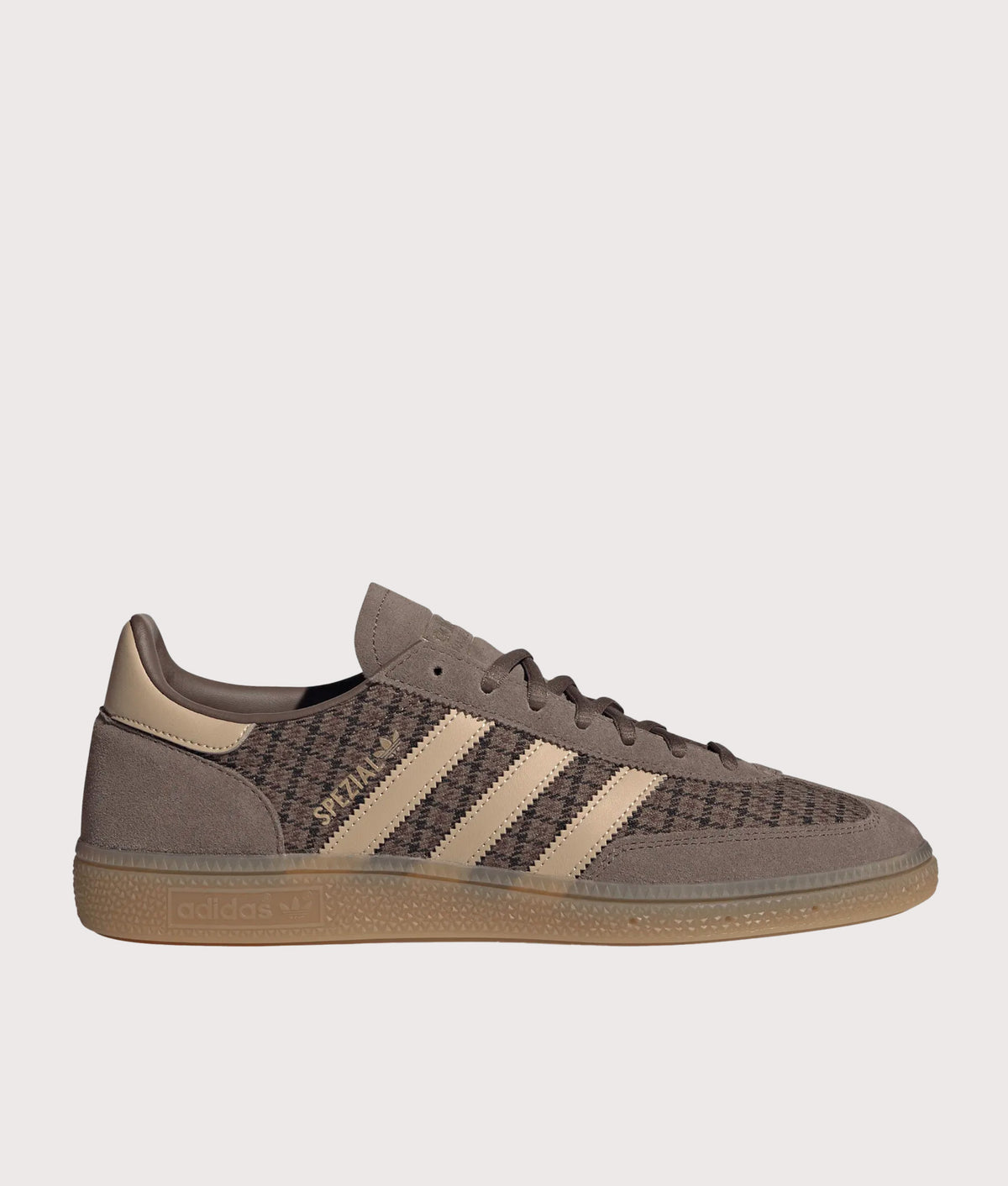 adidas Originals Houndstooth Handball Spezial Trainers in Earth Strata, Magic Beige and Gum 4 at EQVVS Menswear. Side shot.