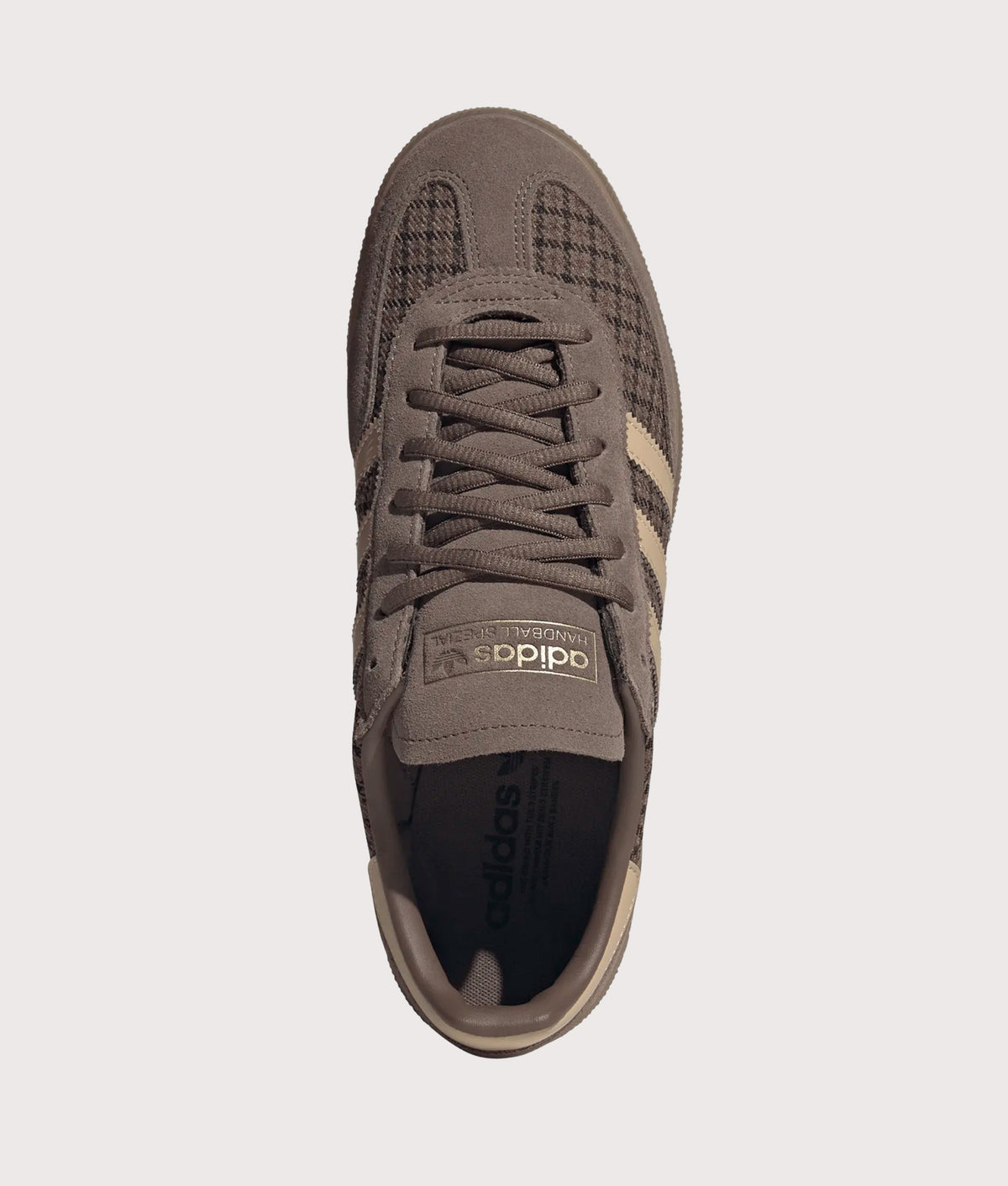 adidas Originals Houndstooth Handball Spezial Trainers in Earth Strata, Magic Beige and Gum 4 at EQVVS Menswear. Top shot.