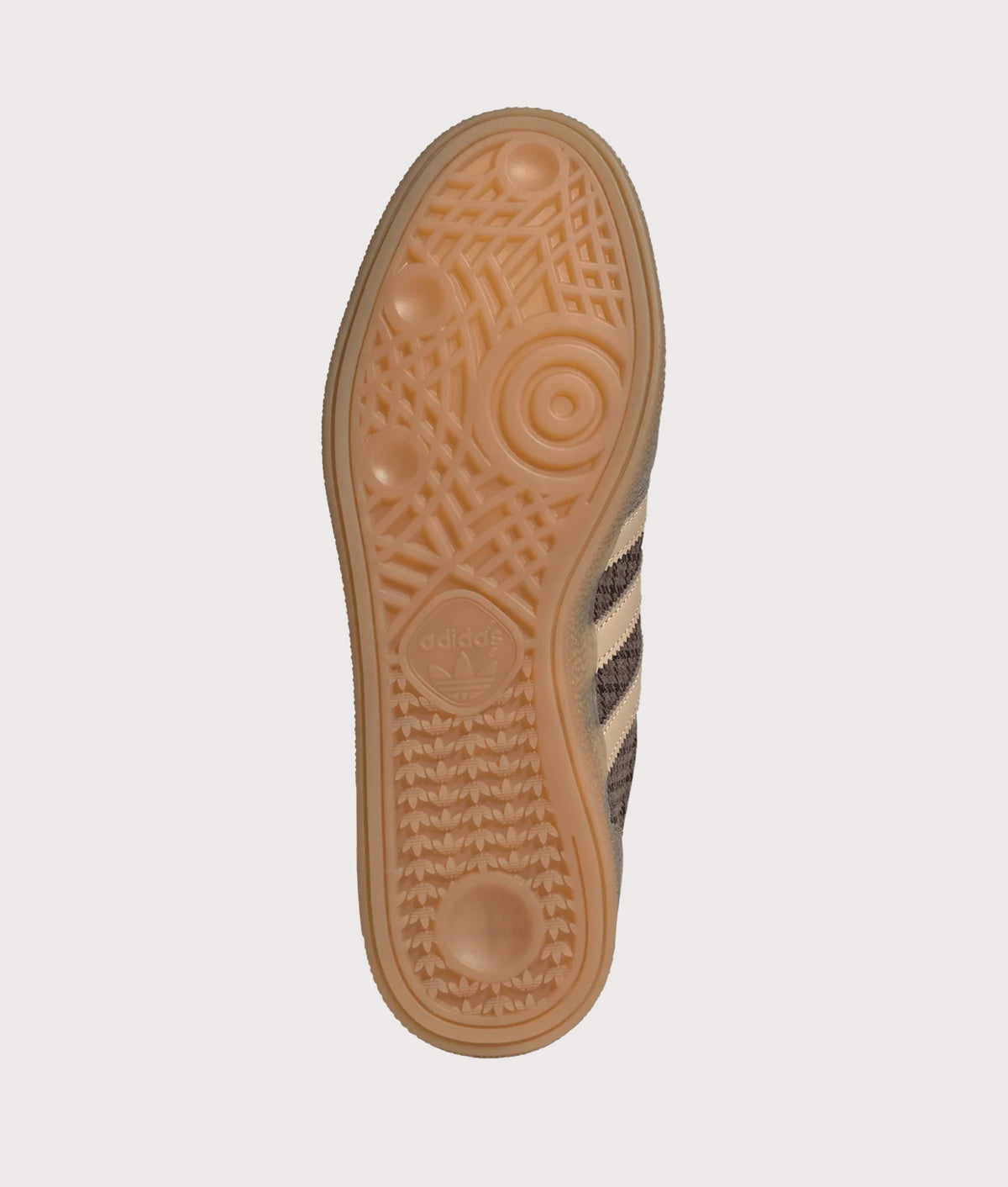 adidas Originals Houndstooth Handball Spezial Trainers in Earth Strata, Magic Beige and Gum 4 at EQVVS Menswear. Tread shot.