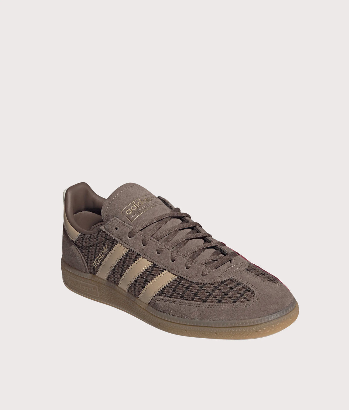 adidas Originals Houndstooth Handball Spezial Trainers in Earth Strata, Magic Beige and Gum 4 at EQVVS Menswear. Angled front shot.