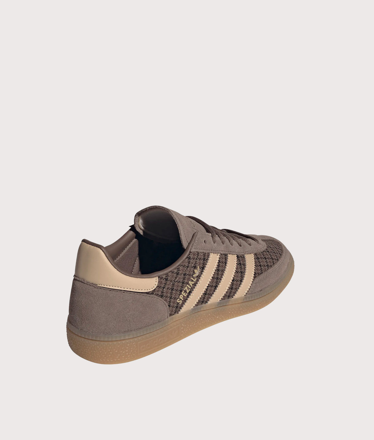 adidas Originals Houndstooth Handball Spezial Trainers in Earth Strata, Magic Beige and Gum 4 at EQVVS Menswear. Angled back shot.