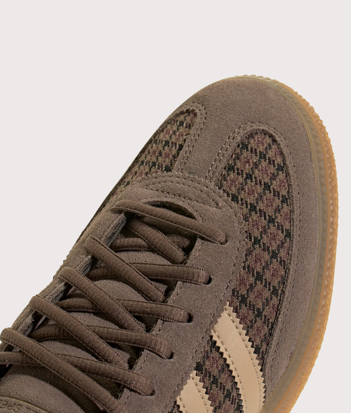 adidas Originals Houndstooth Handball Spezial Trainers in Earth Strata, Magic Beige and Gum 4 at EQVVS Menswear. Detail shot.