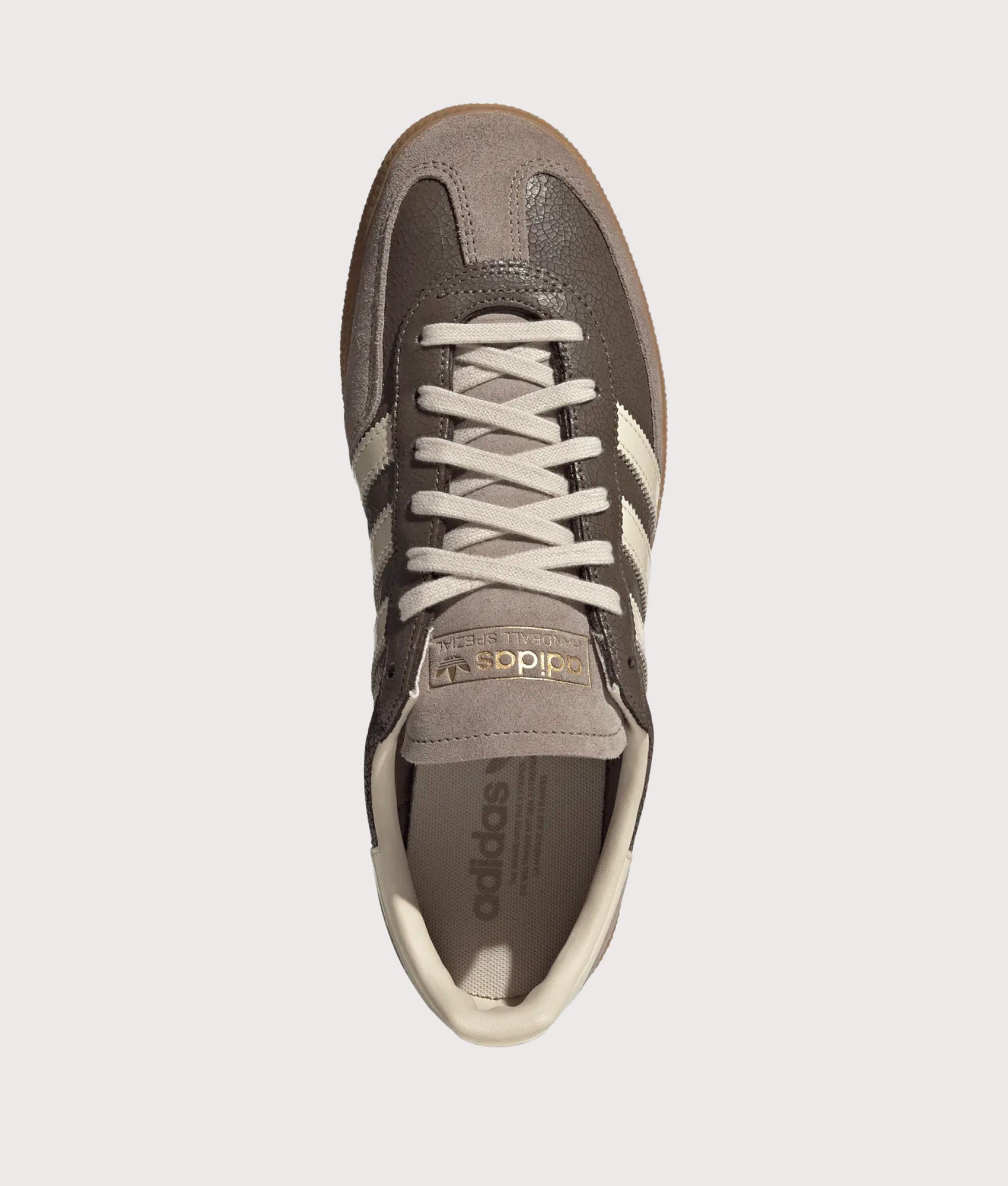 adidas Originals Handball Spezial Trainers in Earth Strata, Warm Vanilla and Gum 2 at EQVVS Menswear. Top shot.