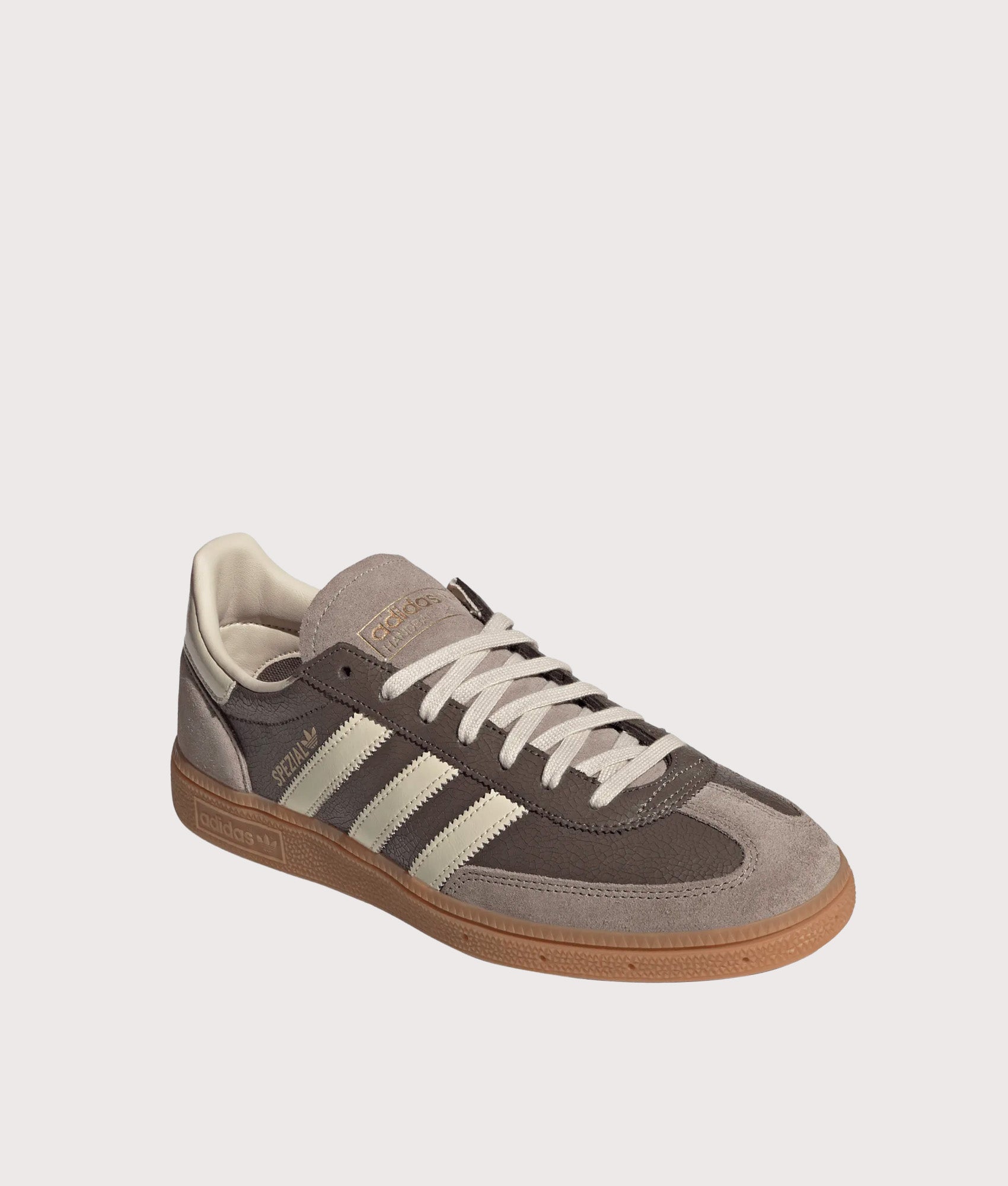adidas Originals Handball Spezial Trainers in Earth Strata, Warm Vanilla and Gum 2 at EQVVS Menswear. Angled front shot.