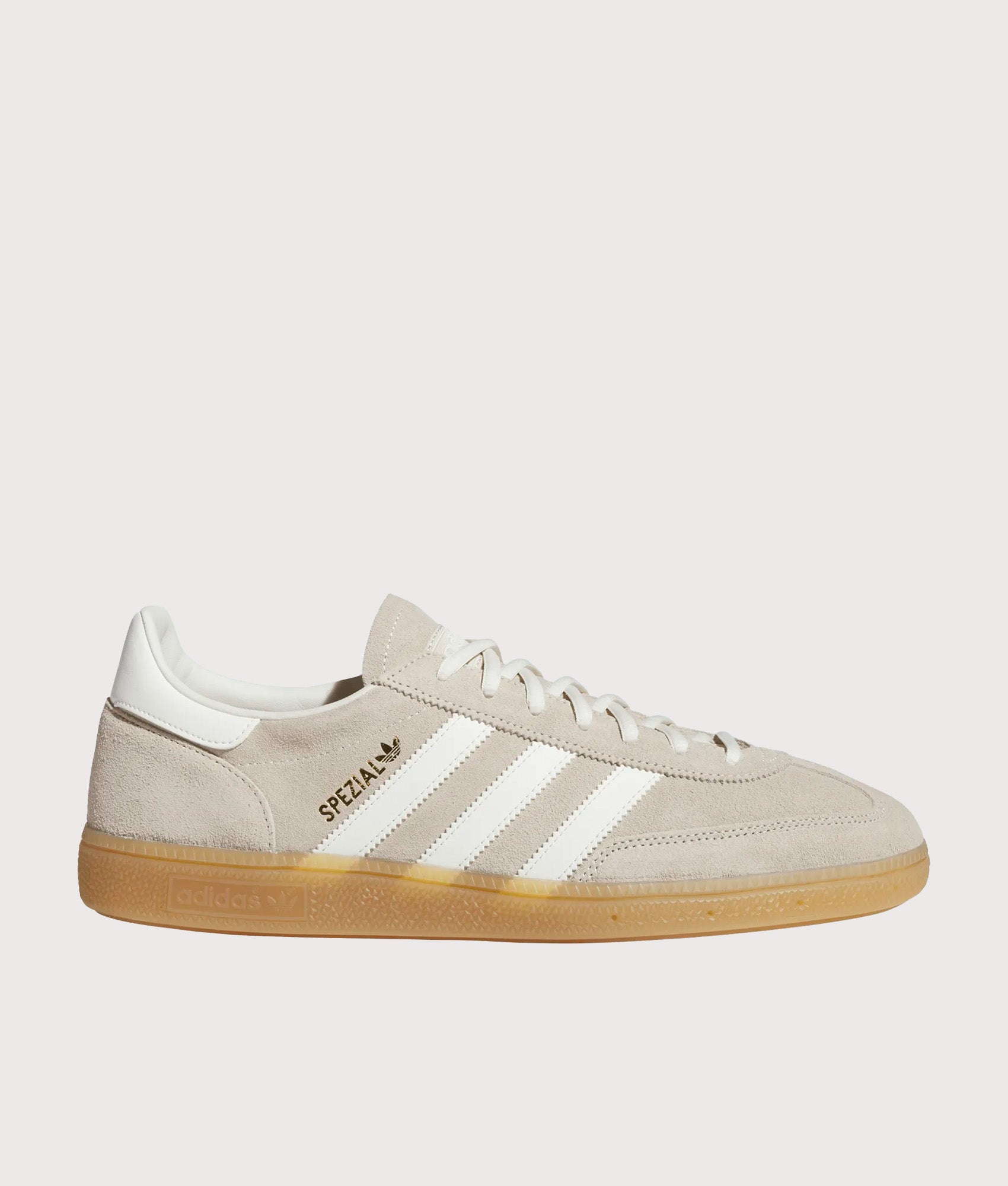adidas Originals Handball Spezial Trainers in Khaki Three, Off White and Gum 4 at EQVVS Menswear. Side shot.