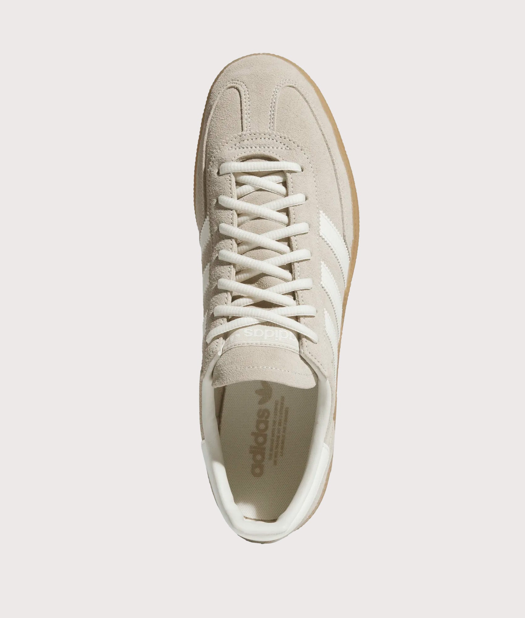 adidas Originals Handball Spezial Trainers in Khaki Three, Off White and Gum 4 at EQVVS Menswear. Top shot.