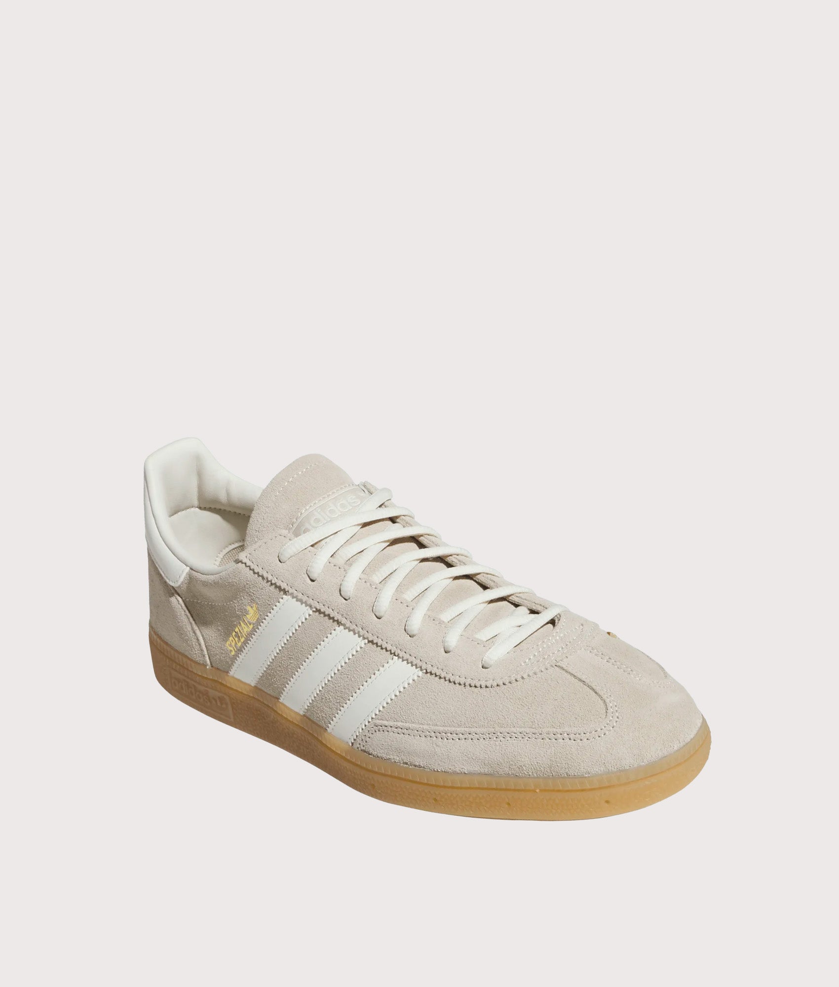 adidas Originals Handball Spezial Trainers in Khaki Three, Off White and Gum 4 at EQVVS Menswear. Angled front shot.