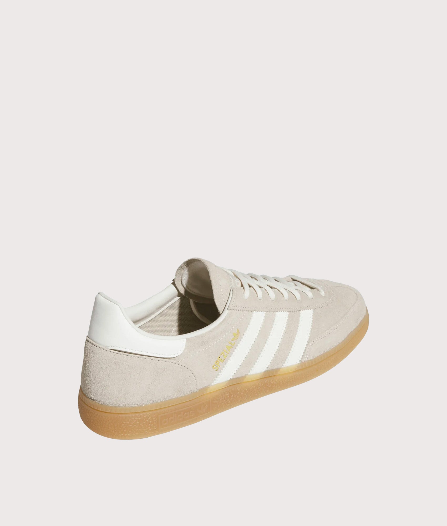 adidas Originals Handball Spezial Trainers in Khaki Three, Off White and Gum 4 at EQVVS Menswear. Angled back shot.
