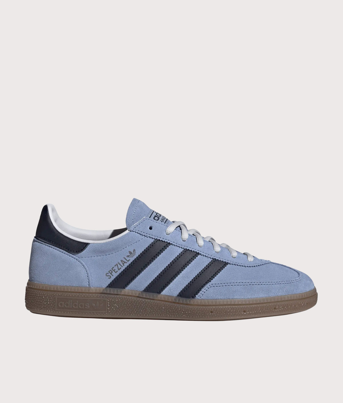 adidas Originals Handball Spezial Trainers in Chalk Blue, Legend Ink and Gum5 at EQVVS Menswear. Side shot.