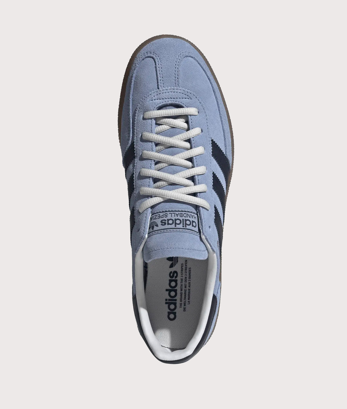 adidas Originals Handball Spezial Trainers in Chalk Blue, Legend Ink and Gum5 at EQVVS Menswear. Top shot.