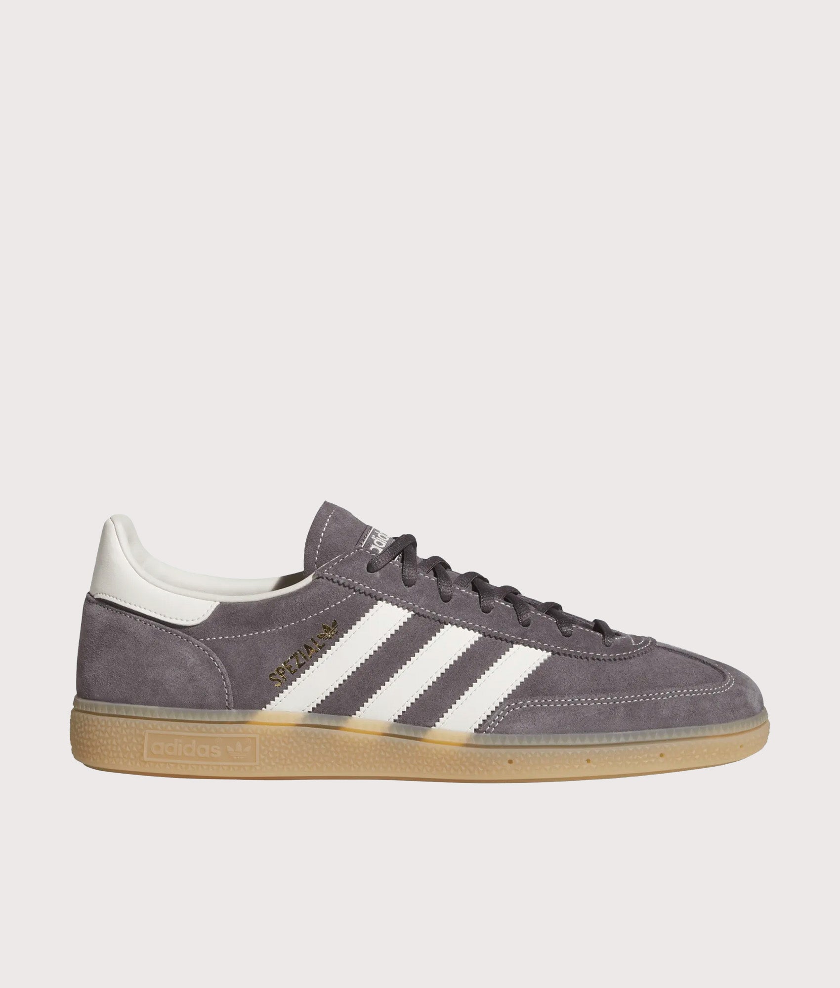adidas Originals Handball Spezial Trainers in Grey Three, Off White and Gum 4 at EQVVS Menswear. Front shot.