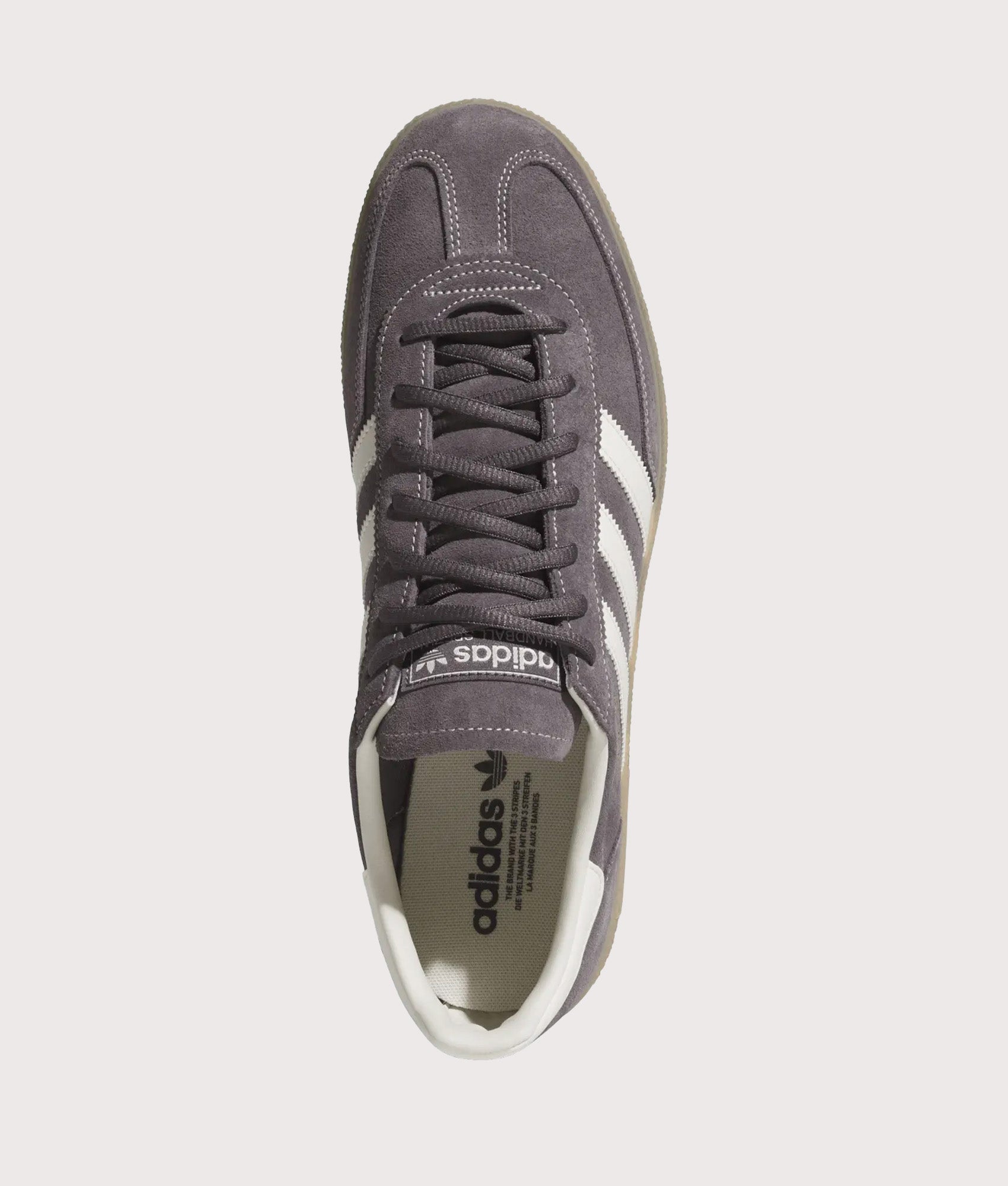 adidas Originals Handball Spezial Trainers in Grey Three, Off White and Gum 4 at EQVVS Menswear. Top shot.