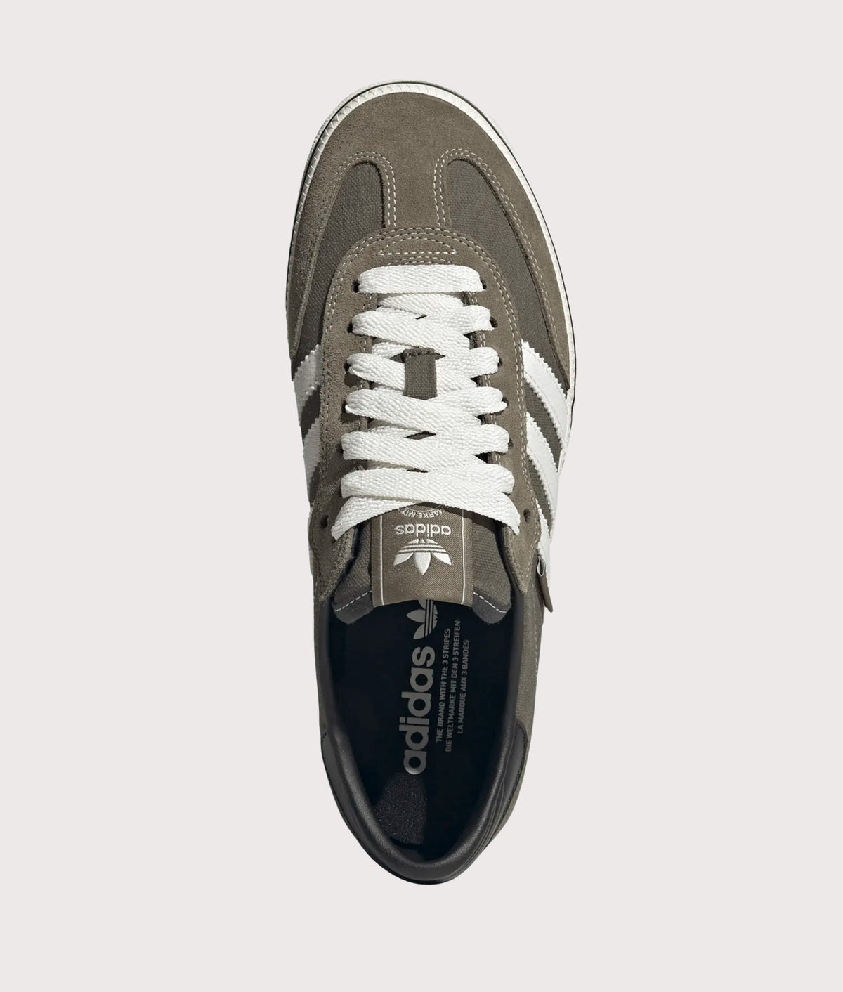 adidas Originals Samba ST Trainers in Olive Strata, Cloud White and Core Black colourway at EQVVS Menswear. Top shot.