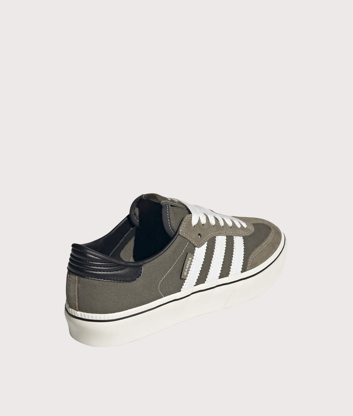 adidas Originals Samba ST Trainers in Olive Strata, Cloud White and Core Black colourway at EQVVS Menswear. Angled back shot.