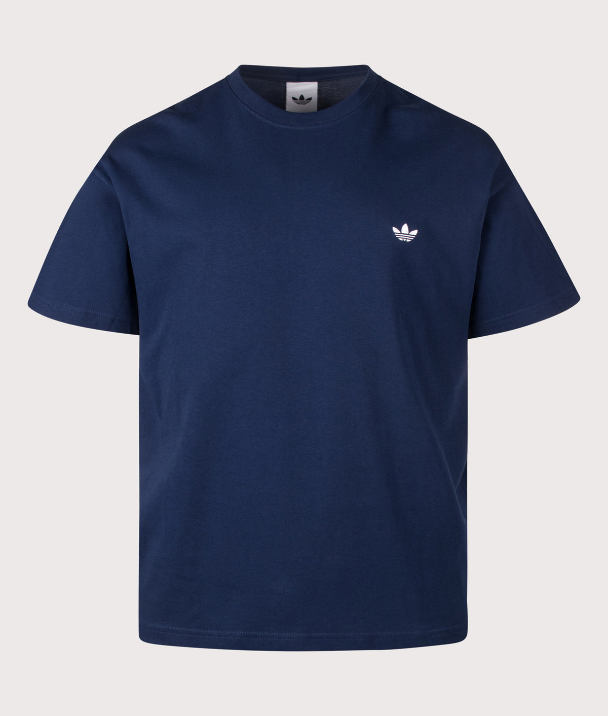 adidas Originals Loose Fit Trefoil Essentials T-Shirt in Night Indigo at EQVVS Menswear. Front shot.