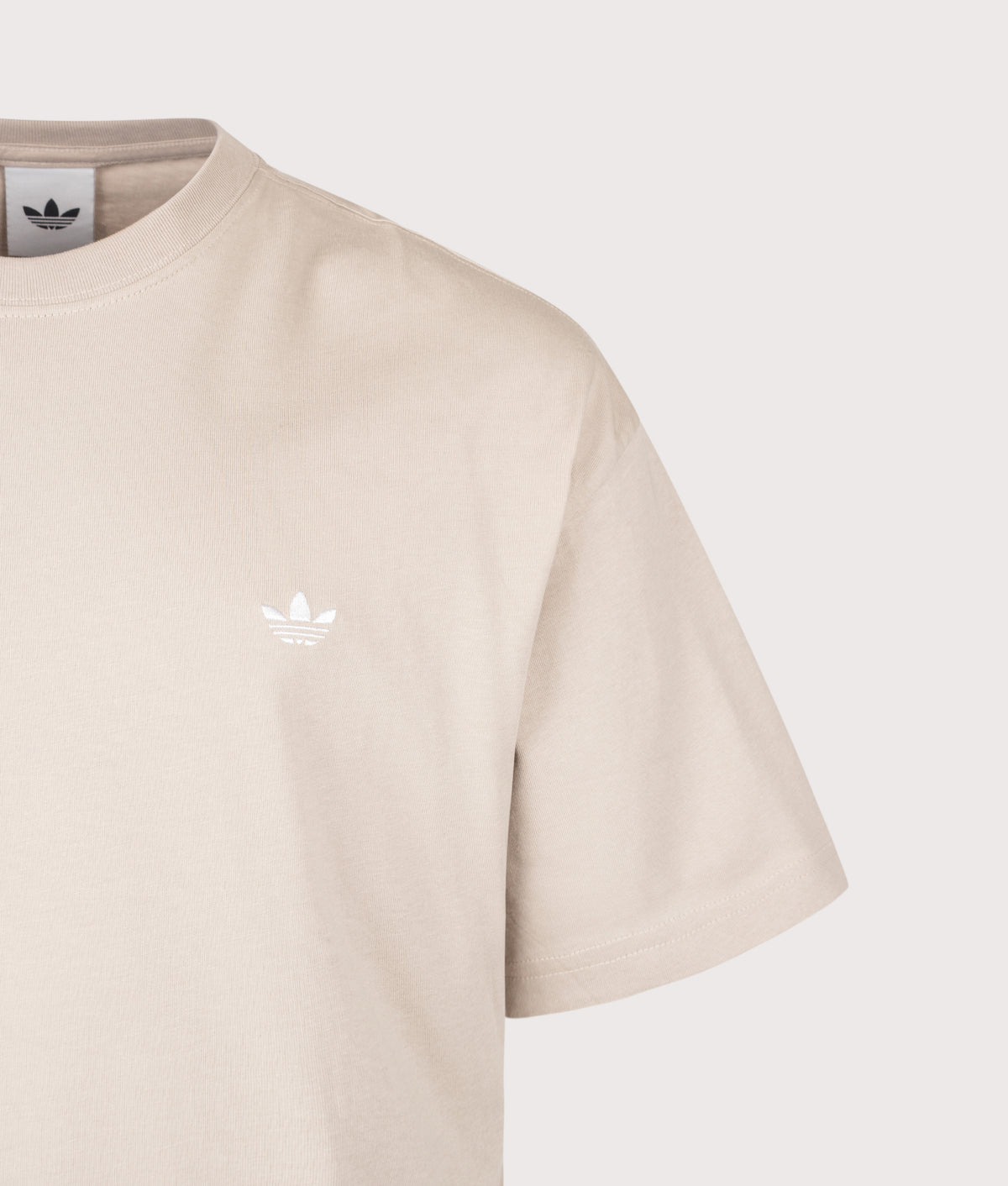 adidas Originals Loose Fit Trefoil Essentials T-Shirt in Khaki Three at EQVVS Menswear. Detail shot.